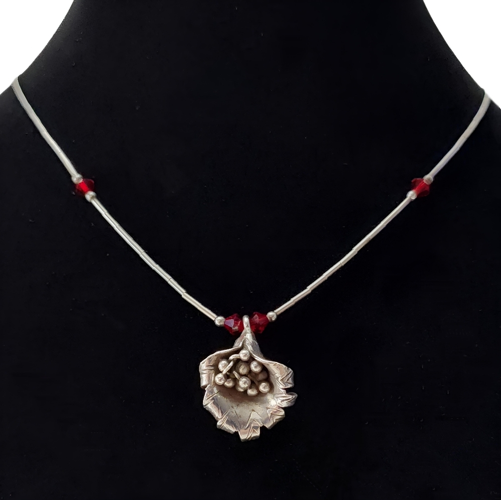 Southwestern Sterling Squash Blossom Liquid Silver Red Crystal Bead Necklace 16" - Picture 3 of 14